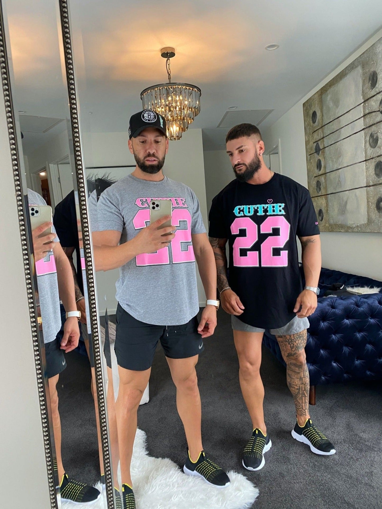 Retro Oversized T-Shirt- Grey - Pink Print
